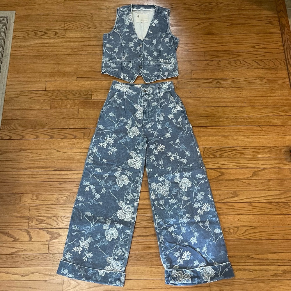 Pilcro Anthropologie The Leon Double Hem High Rise Wide Leg Jeans Denim Vest Set - Picture 4 of 17